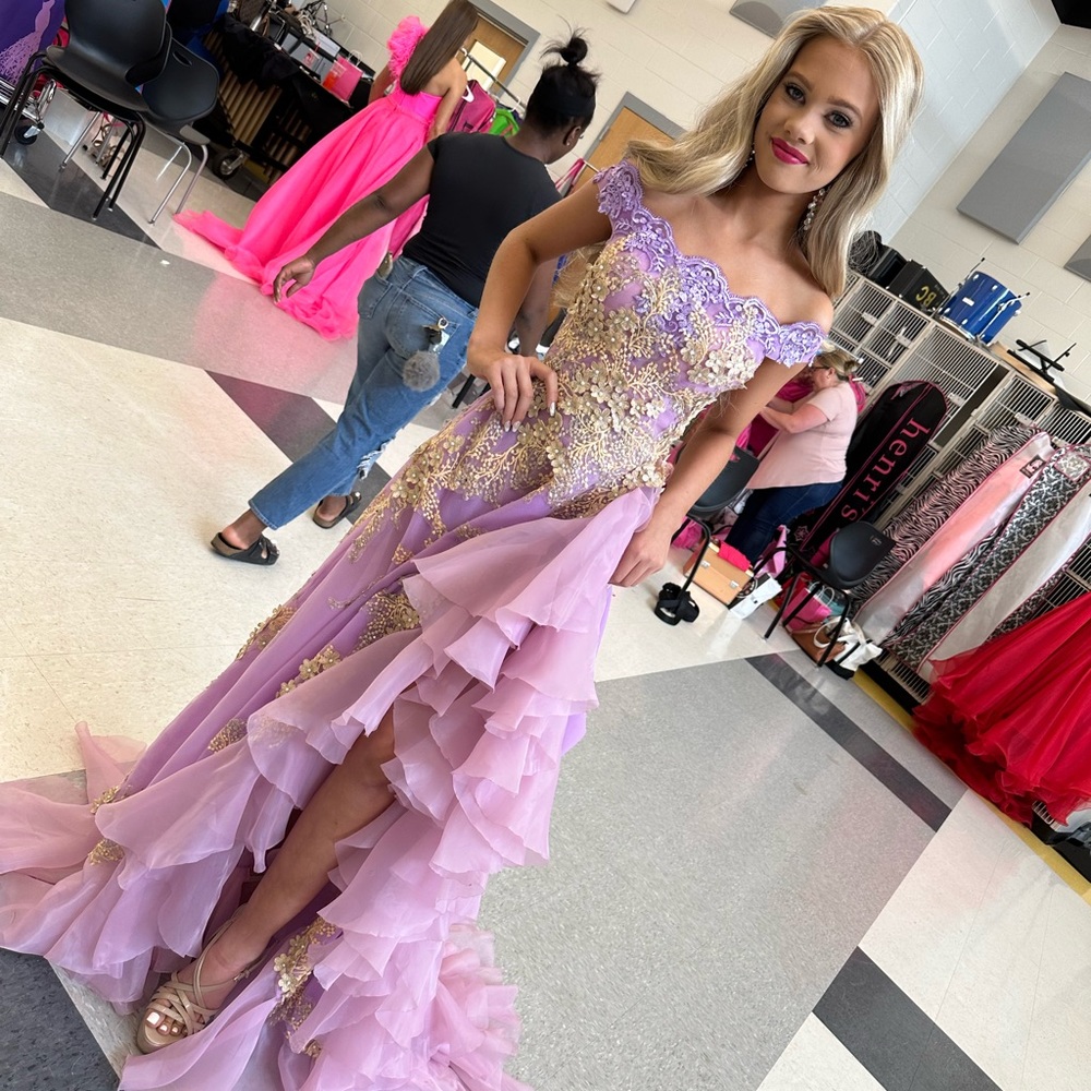 Lavender gown,custom-made,side slit and, train, off shoulder with a zipper.